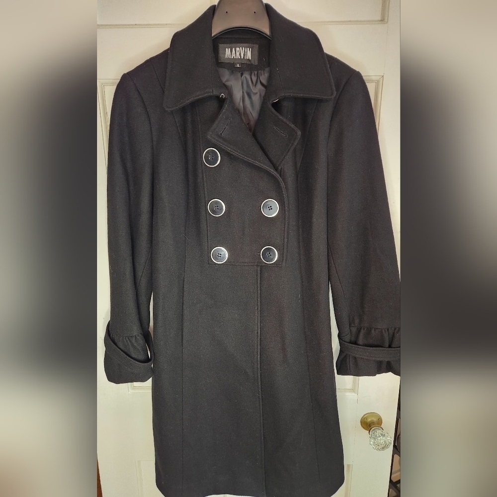 Marvin by Marvin Richards black mid-length wool blend double-breasted pea coat.